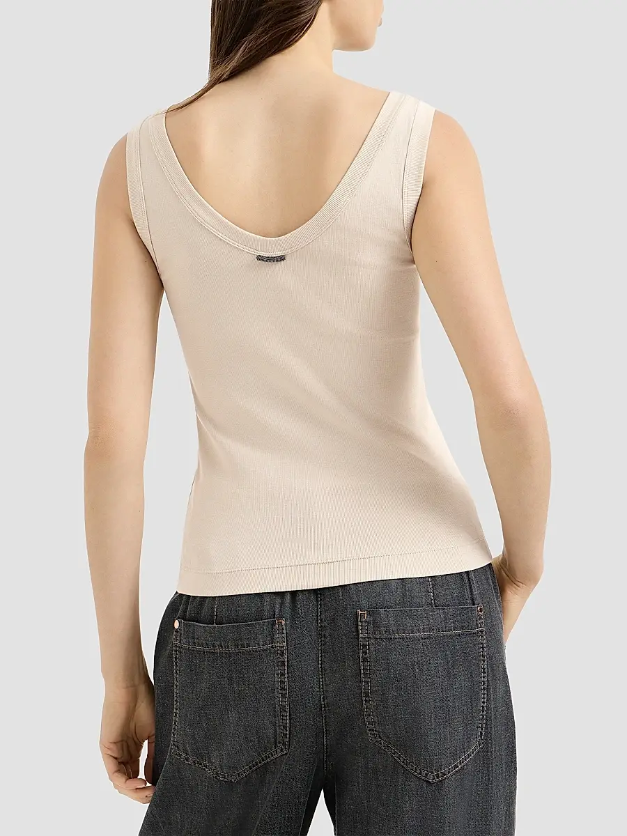 Brunello Cucinelli Women's Stretch Cotton Ribbed Jersey Top with Monili - Cool Beige | Thumbnail 3 Brunello Cucinelli Women's Stretch Cotton Ribbed Jersey Top with Monili - Cool Beige | Thumbnail 3