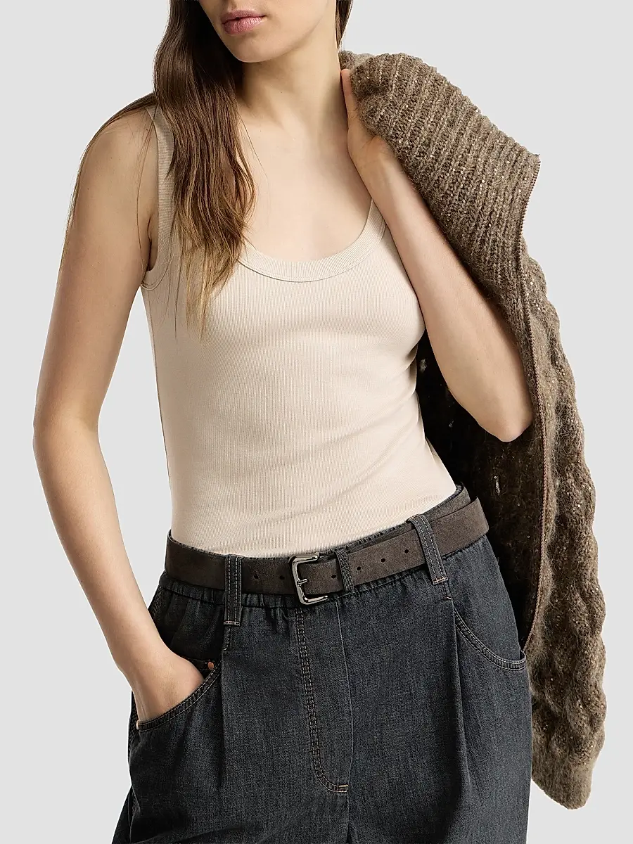 Brunello Cucinelli Women's Stretch Cotton Ribbed Jersey Top with Monili - Cool Beige | Thumbnail 4 Brunello Cucinelli Women's Stretch Cotton Ribbed Jersey Top with Monili - Cool Beige | Thumbnail 4