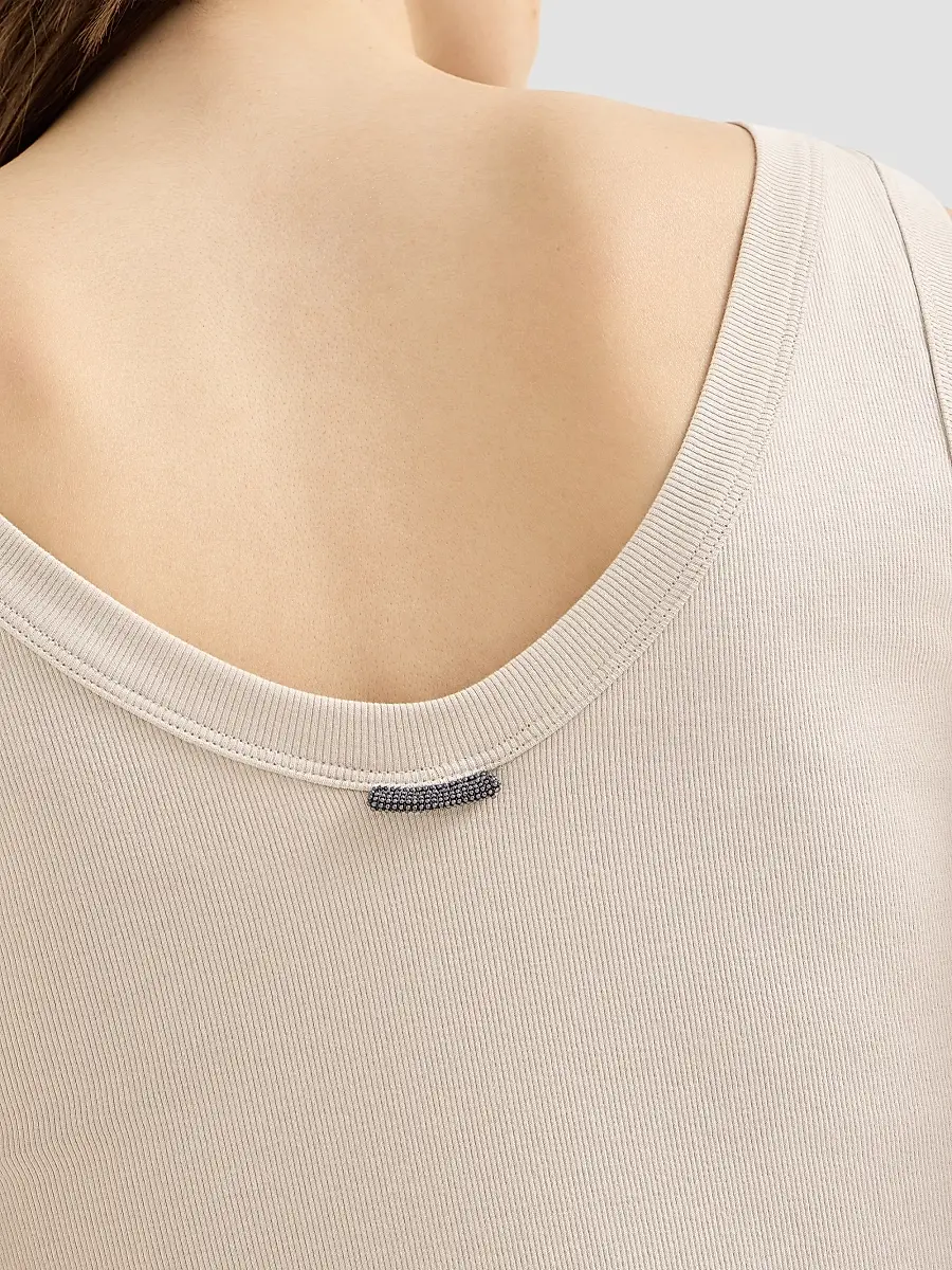 Brunello Cucinelli Women's Stretch Cotton Ribbed Jersey Top with Monili - Cool Beige | Thumbnail 5 Brunello Cucinelli Women's Stretch Cotton Ribbed Jersey Top with Monili - Cool Beige | Thumbnail 5