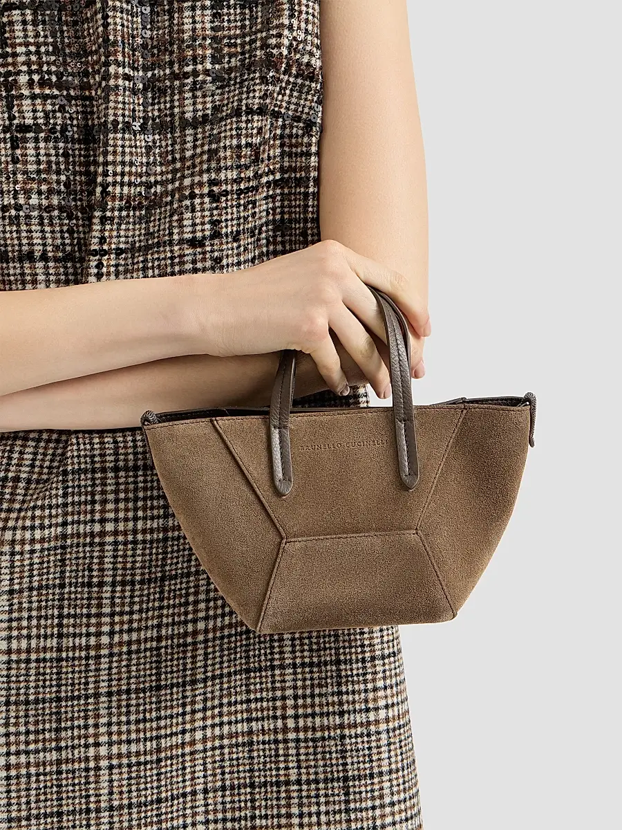 Brunello Cucinelli Women's Duo Mini Top Handle Bag in Suede with Monili - Bark | Thumbnail 2 Brunello Cucinelli Women's Duo Mini Top Handle Bag in Suede with Monili - Bark | Thumbnail 2