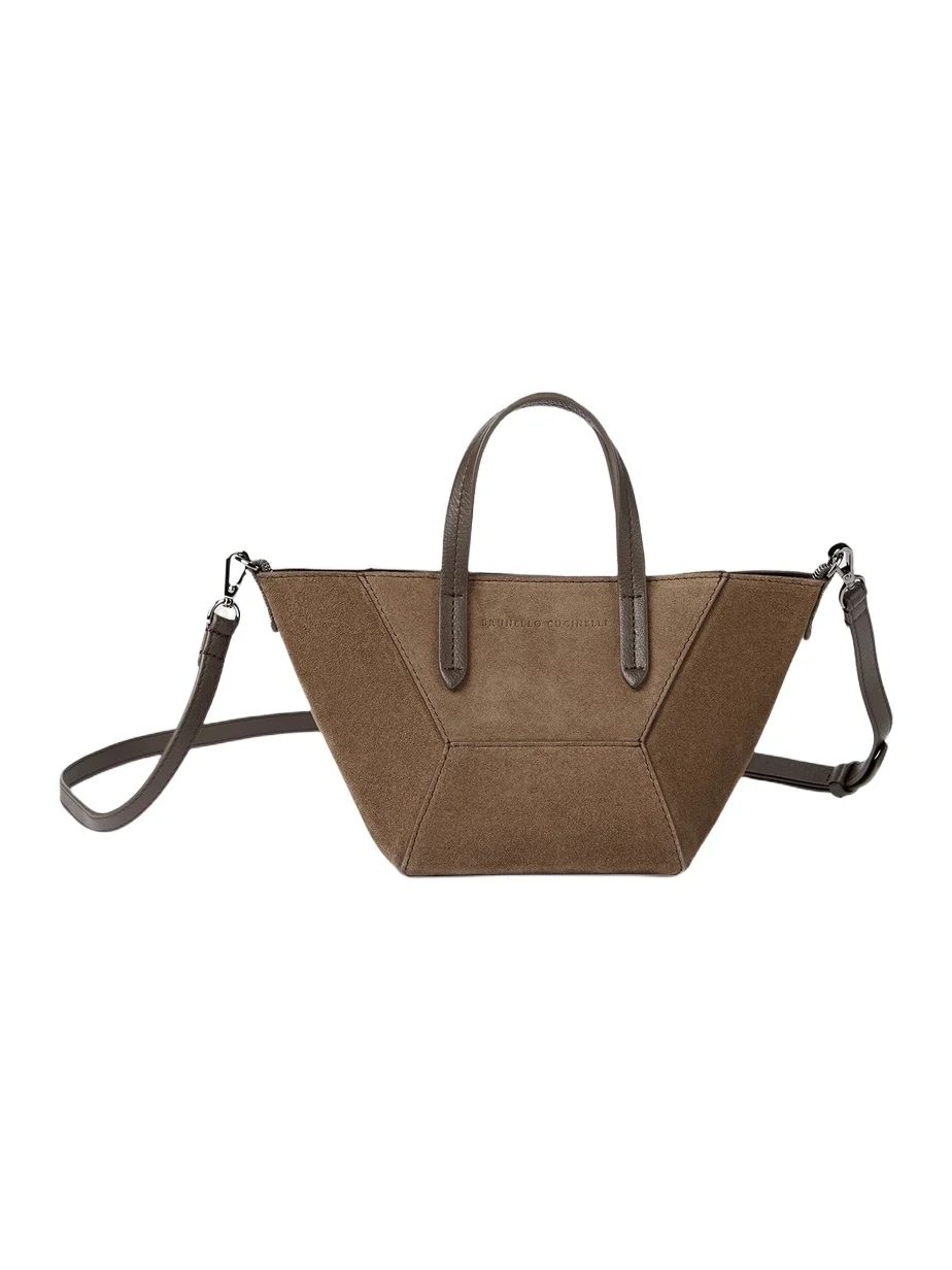 Brunello Cucinelli Women's Duo Mini Top Handle Bag in Suede with Monili - Bark