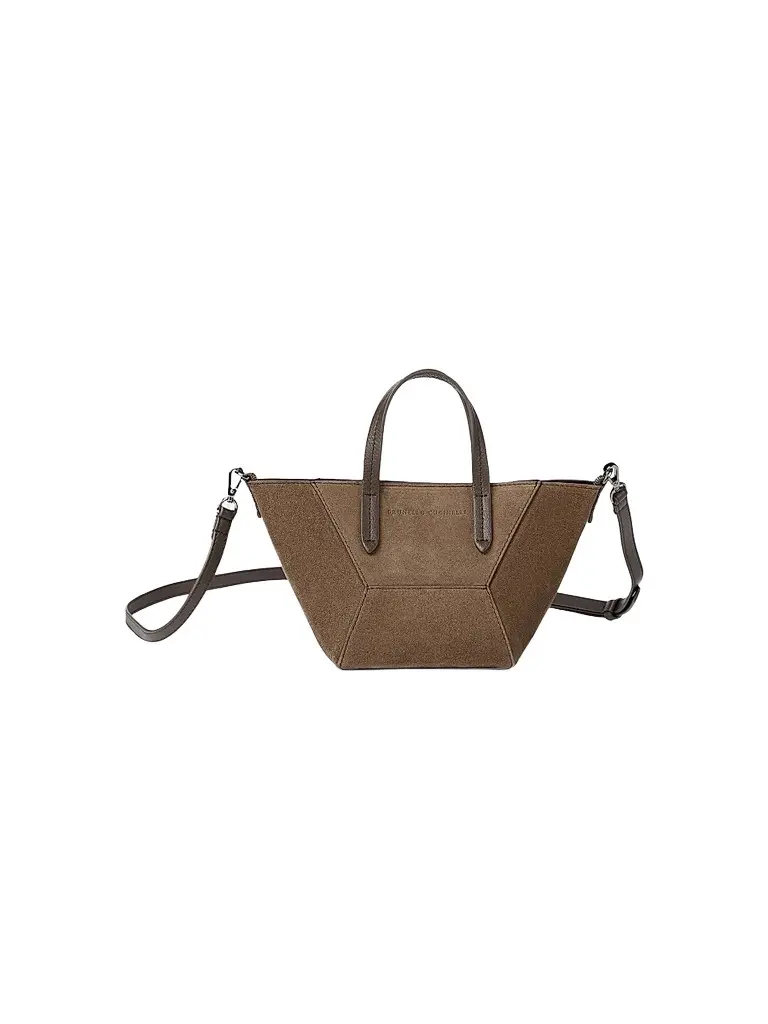 Brunello Cucinelli Women's Duo Mini Top Handle Bag in Suede with Monili - Bark | Image 1 Brunello Cucinelli Women's Duo Mini Top Handle Bag in Suede with Monili - Bark | Image 1