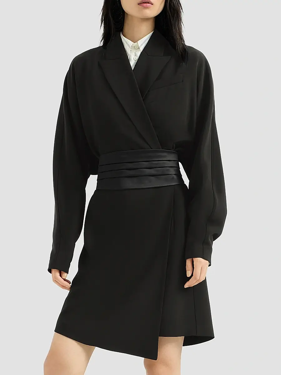 Brunello Cucinelli Women's Silk and Acetate Crêpe Cady Tuxedo Dress with Monili - Black | Thumbnail 2