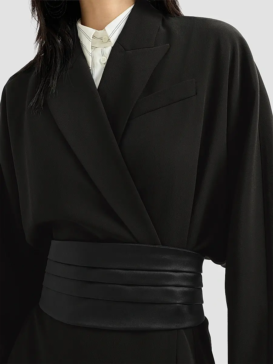 Brunello Cucinelli Women's Silk and Acetate Crêpe Cady Tuxedo Dress with Monili - Black | Thumbnail 4