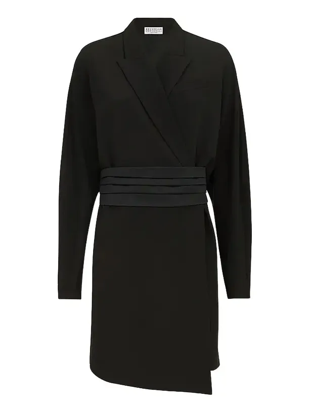 Women's Silk and Acetate Crêpe Cady Tuxedo Dress with Monili - Black
