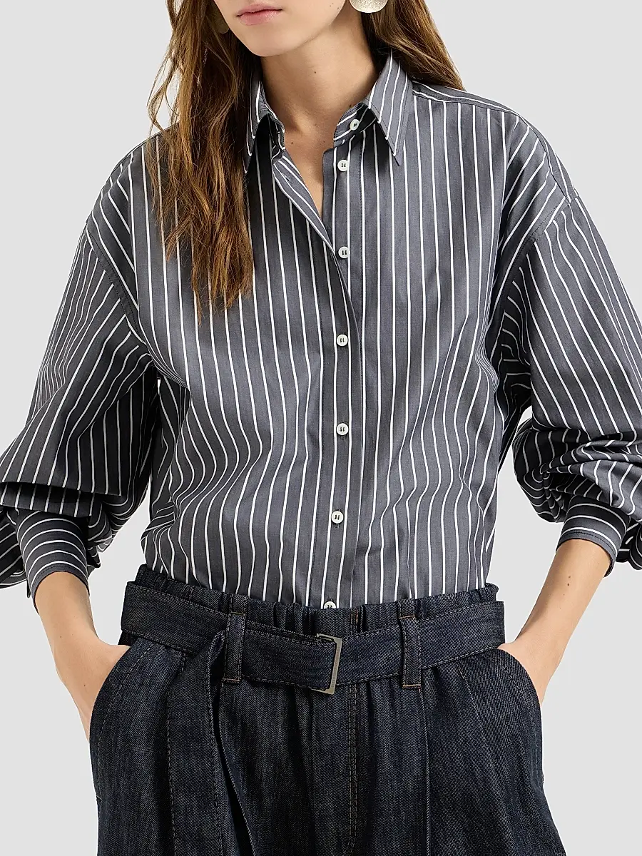 Brunello Cucinelli Women's Striped Cotton Poplin Shirt | Thumbnail 2