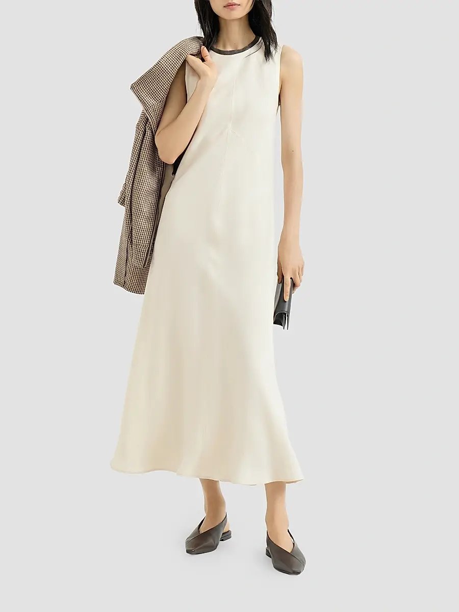 Brunello Cucinelli Women's Viscose and Linen Fluid Twill Dress with Precious Collar - Milk | Thumbnail 2 Brunello Cucinelli Women's Viscose and Linen Fluid Twill Dress with Precious Collar - Milk | Thumbnail 2