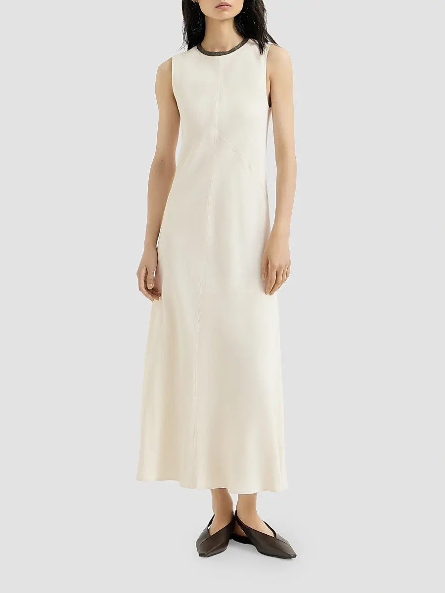 Brunello Cucinelli Women's Viscose and Linen Fluid Twill Dress with Precious Collar - Milk | Thumbnail 3 Brunello Cucinelli Women's Viscose and Linen Fluid Twill Dress with Precious Collar - Milk | Thumbnail 3