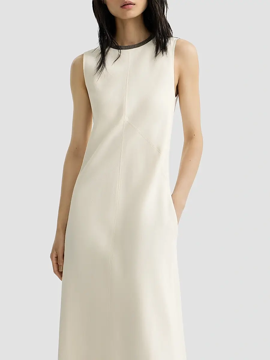 Brunello Cucinelli Women's Viscose and Linen Fluid Twill Dress with Precious Collar - Milk | Thumbnail 5 Brunello Cucinelli Women's Viscose and Linen Fluid Twill Dress with Precious Collar - Milk | Thumbnail 5