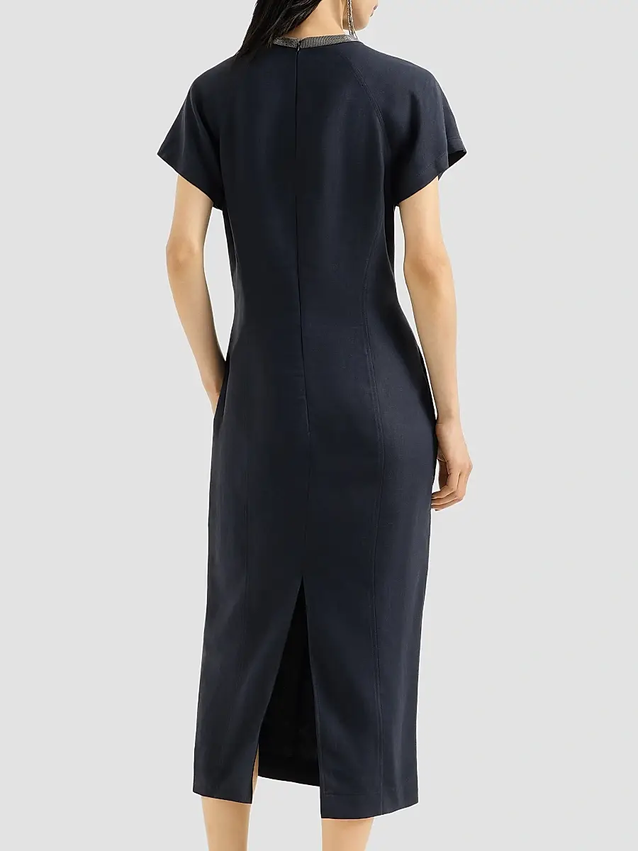 Brunello Cucinelli Women's Viscose and Linen Fluid Twill Dress with Precious Collar - Blue | Thumbnail 4 Brunello Cucinelli Women's Viscose and Linen Fluid Twill Dress with Precious Collar - Blue | Thumbnail 4