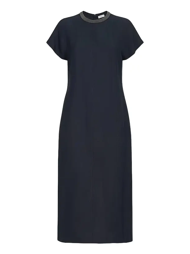 Brunello Cucinelli Women's Viscose and Linen Fluid Twill Dress with Precious Collar - Blue