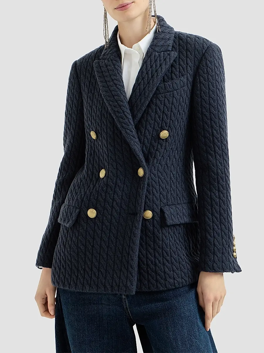 Brunello Cucinelli Women's Cashmere Cable Knit Blazer with Monili - Blue | Thumbnail 3