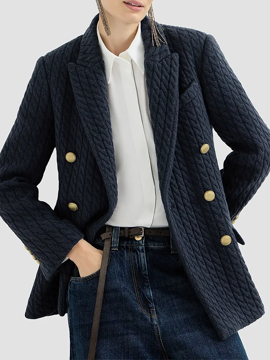 Brunello Cucinelli Women's Cashmere Cable Knit Blazer with Monili - Blue | Thumbnail 5