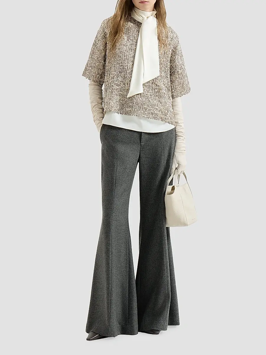 Brunello Cucinelli Women's Virgin Wool and Cashmere Twill Flannel Wide Flare Trousers with Monili - Dark Grey | Thumbnail 2 Brunello Cucinelli Women's Virgin Wool and Cashmere Twill Flannel Wide Flare Trousers with Monili - Dark Grey | Thumbnail 2