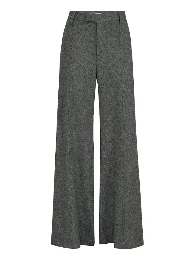 Women's Virgin Wool and Cashmere Twill Flannel Wide Flare Trousers with Monili - Dark Grey