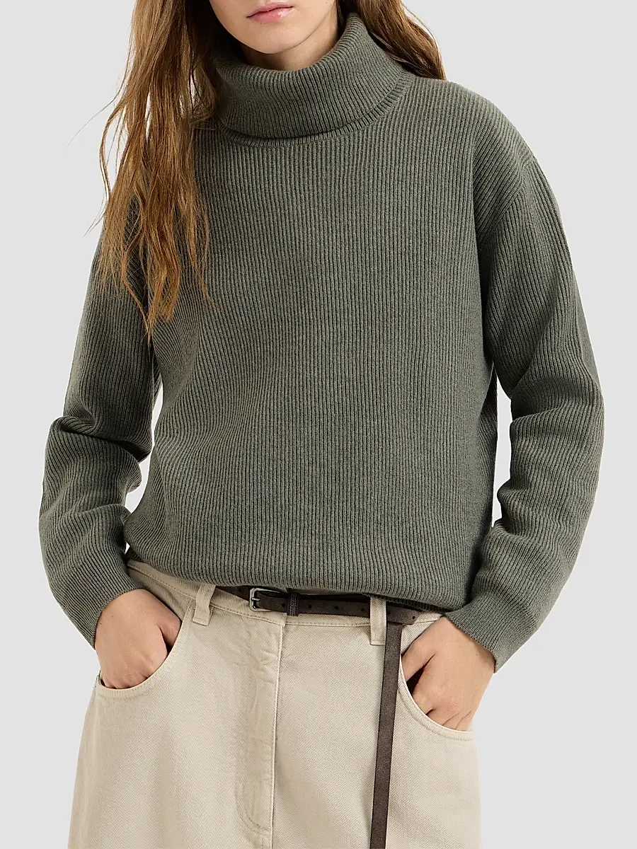 Brunello Cucinelli Women's Cashmere English Rib Turtleneck Sweater with Monili - Origano | Thumbnail 3
