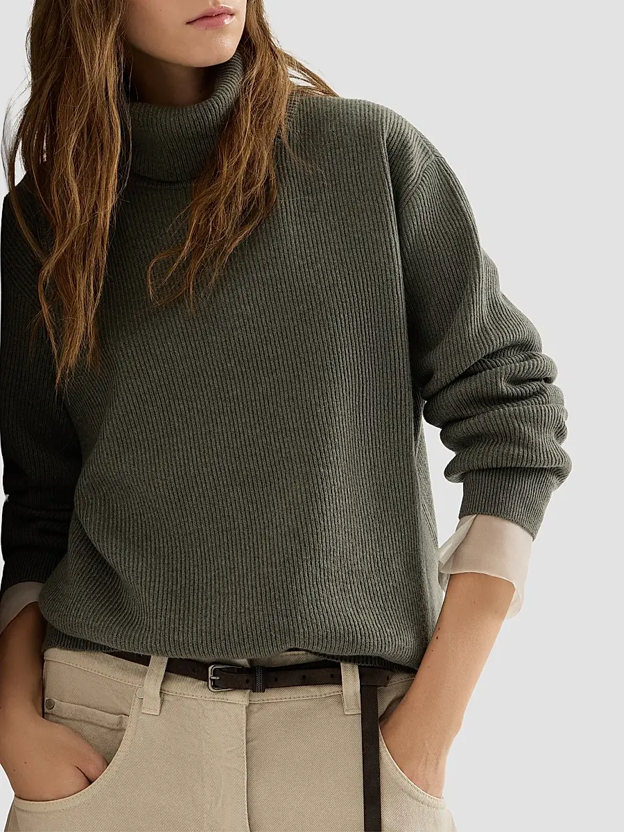 Brunello Cucinelli Women's Cashmere English Rib Turtleneck Sweater with Monili - Origano | Thumbnail 5