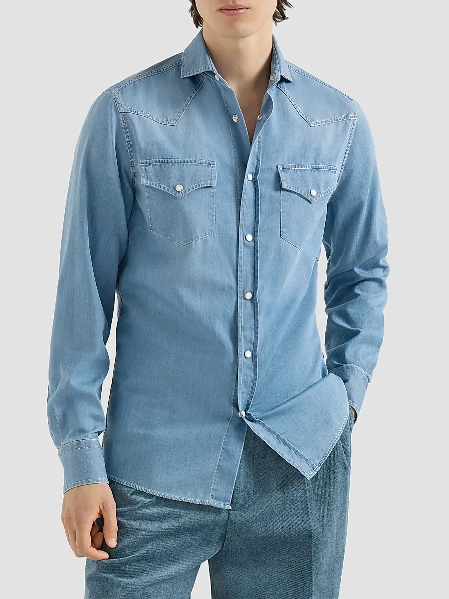 Brunello Cucinelli Men's Lightweight Denim Western Shirt | Thumbnail 3 Brunello Cucinelli Men's Lightweight Denim Western Shirt | Thumbnail 3