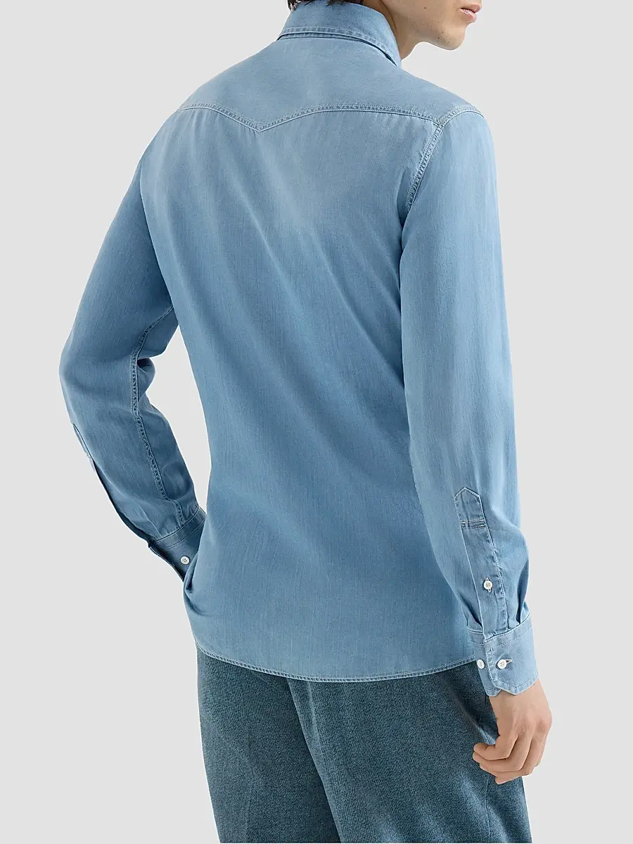 Brunello Cucinelli Men's Lightweight Denim Western Shirt | Thumbnail 4 Brunello Cucinelli Men's Lightweight Denim Western Shirt | Thumbnail 4