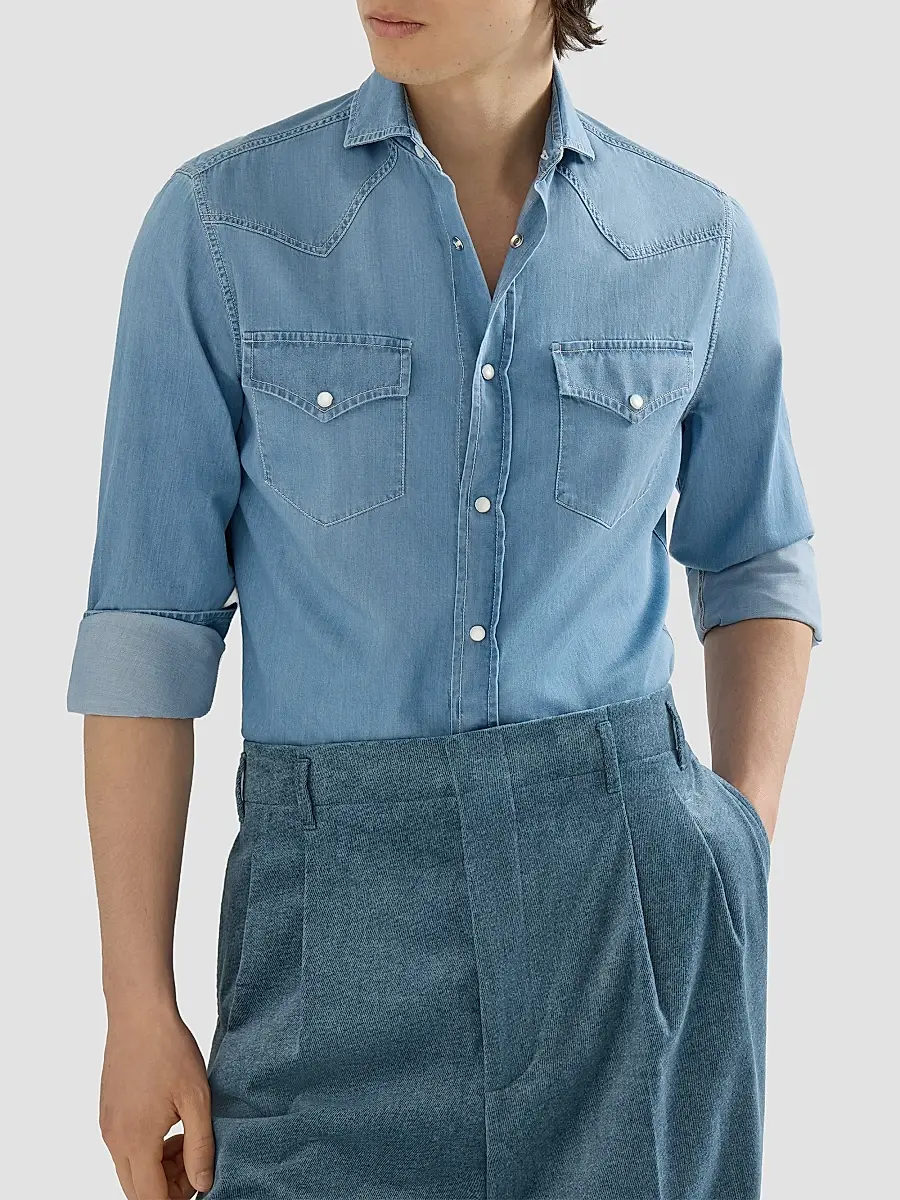 Brunello Cucinelli Men's Lightweight Denim Western Shirt | Thumbnail 5 Brunello Cucinelli Men's Lightweight Denim Western Shirt | Thumbnail 5