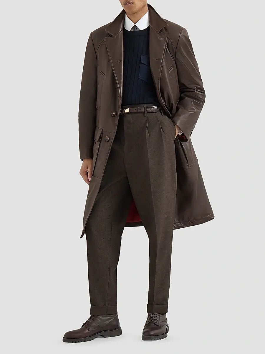 Brunello Cucinelli Men's Virgin Wool Diagonal Trousers with Double Pleats - Rust Brown | Thumbnail 2 Brunello Cucinelli Men's Virgin Wool Diagonal Trousers with Double Pleats - Rust Brown | Thumbnail 2