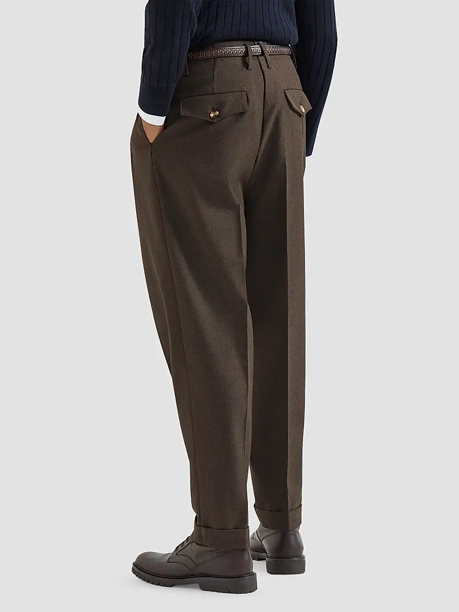 Brunello Cucinelli Men's Virgin Wool Diagonal Trousers with Double Pleats - Rust Brown | Thumbnail 4 Brunello Cucinelli Men's Virgin Wool Diagonal Trousers with Double Pleats - Rust Brown | Thumbnail 4