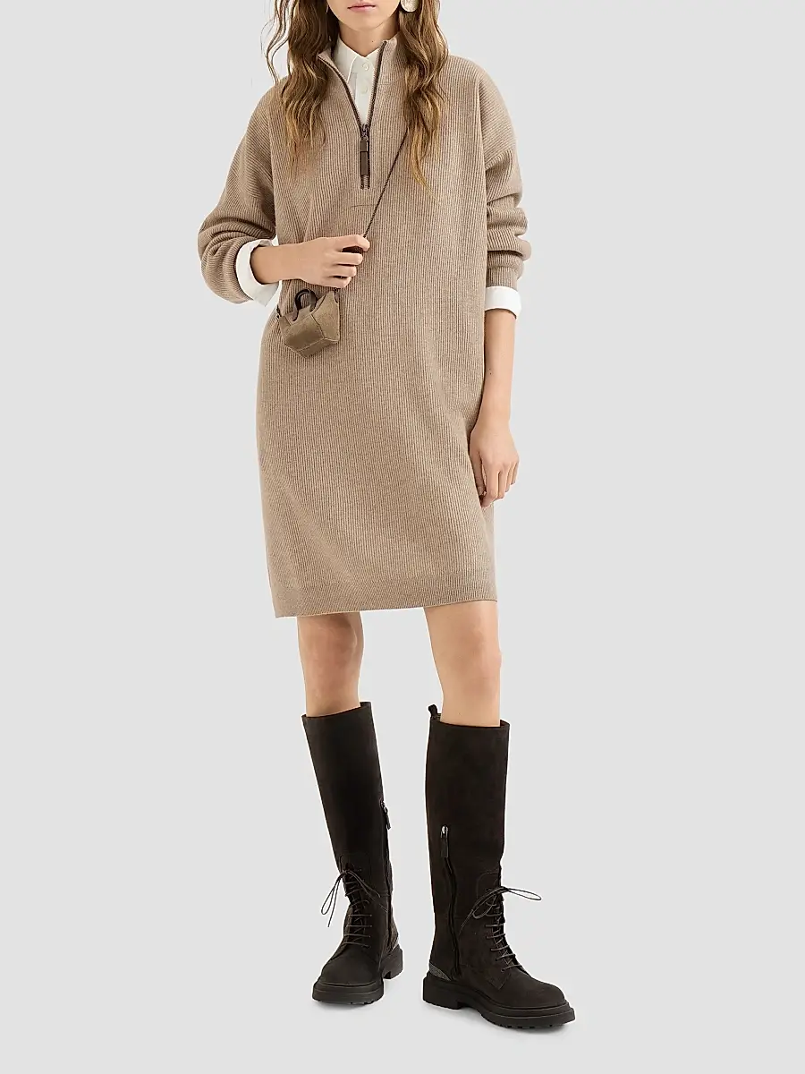 Brunello Cucinelli Women's Virgin Wool, Cashmere and Silk Rib Knit Dress with Precious Half Zip | Thumbnail 2 Brunello Cucinelli Women's Virgin Wool, Cashmere and Silk Rib Knit Dress with Precious Half Zip | Thumbnail 2