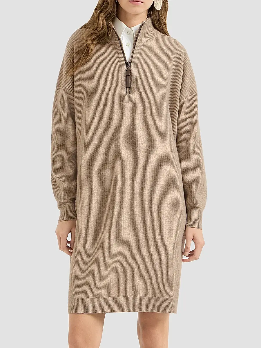 Brunello Cucinelli Women's Virgin Wool, Cashmere and Silk Rib Knit Dress with Precious Half Zip | Thumbnail 3 Brunello Cucinelli Women's Virgin Wool, Cashmere and Silk Rib Knit Dress with Precious Half Zip | Thumbnail 3