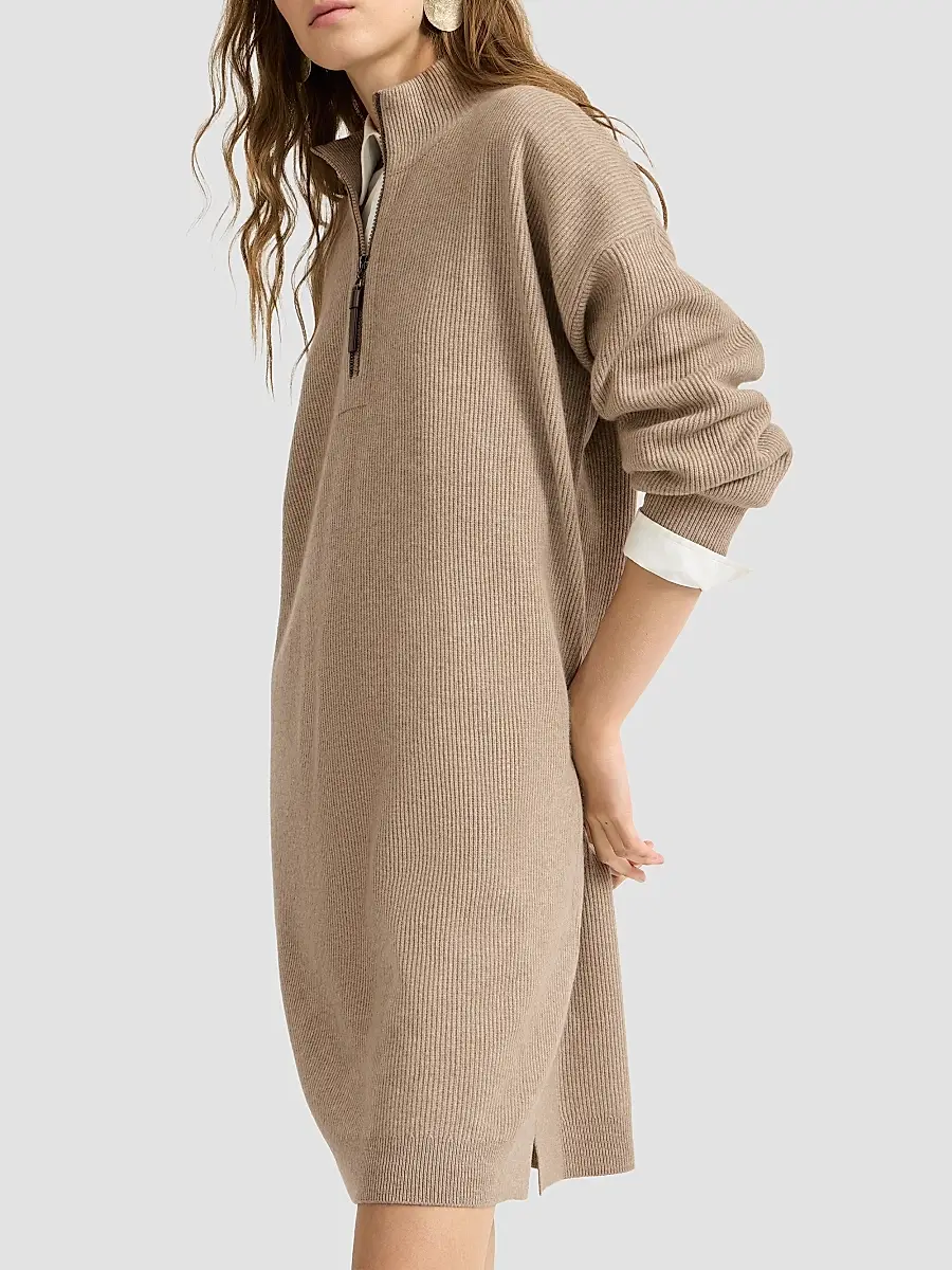 Brunello Cucinelli Women's Virgin Wool, Cashmere and Silk Rib Knit Dress with Precious Half Zip | Thumbnail 5 Brunello Cucinelli Women's Virgin Wool, Cashmere and Silk Rib Knit Dress with Precious Half Zip | Thumbnail 5