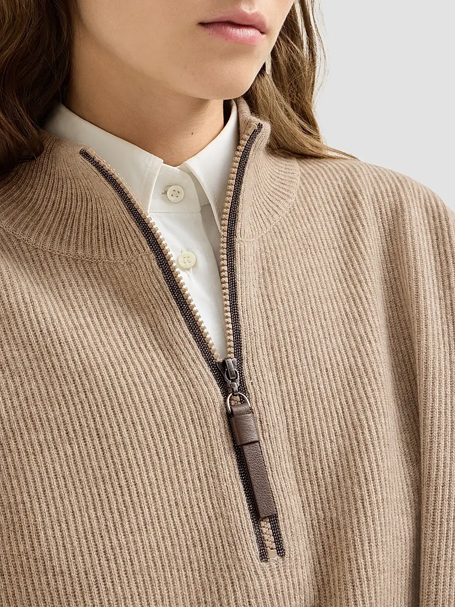 Brunello Cucinelli Women's Virgin Wool, Cashmere and Silk Rib Knit Dress with Precious Half Zip | Thumbnail 6 Brunello Cucinelli Women's Virgin Wool, Cashmere and Silk Rib Knit Dress with Precious Half Zip | Thumbnail 6