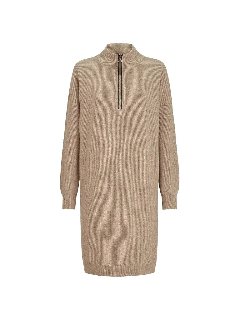 Brunello Cucinelli Women's Virgin Wool, Cashmere and Silk Rib Knit Dress with Precious Half Zip - Beige | Image 1 Brunello Cucinelli Women's Virgin Wool, Cashmere and Silk Rib Knit Dress with Precious Half Zip - Beige | Image 1