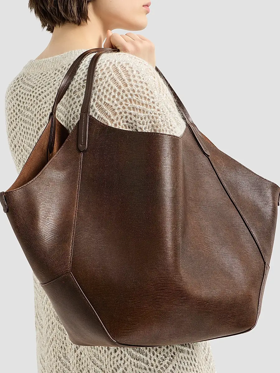 Brunello Cucinelli Women's Reversible Duo Shopper in Lizard-Effect Calfskin - Brown | Thumbnail 2 Brunello Cucinelli Women's Reversible Duo Shopper in Lizard-Effect Calfskin - Brown | Thumbnail 2