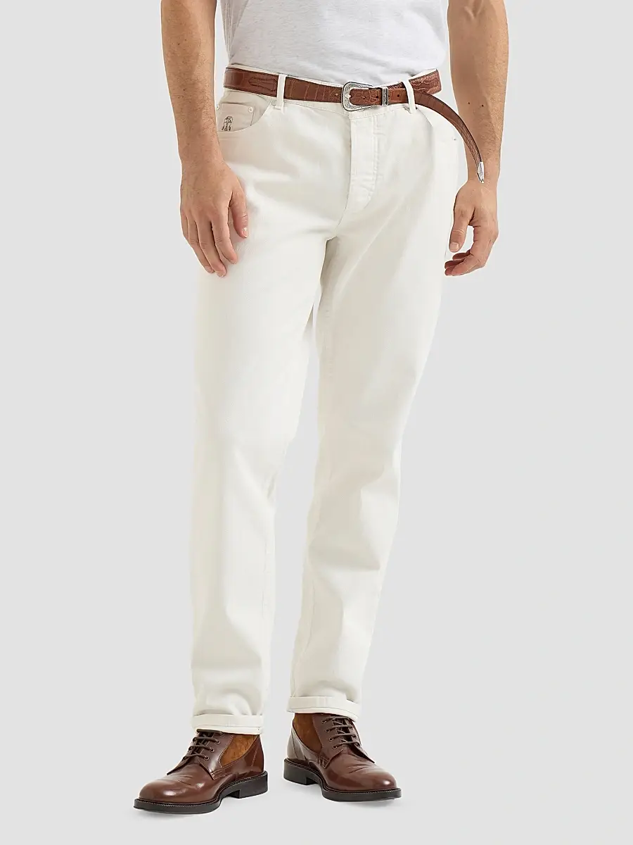Brunello Cucinelli Men's Garment-Dyed Traditional Fit Five-Pocket Jeans in Lightweight Denim - White | Thumbnail 3 Brunello Cucinelli Men's Garment-Dyed Traditional Fit Five-Pocket Jeans in Lightweight Denim - White | Thumbnail 3