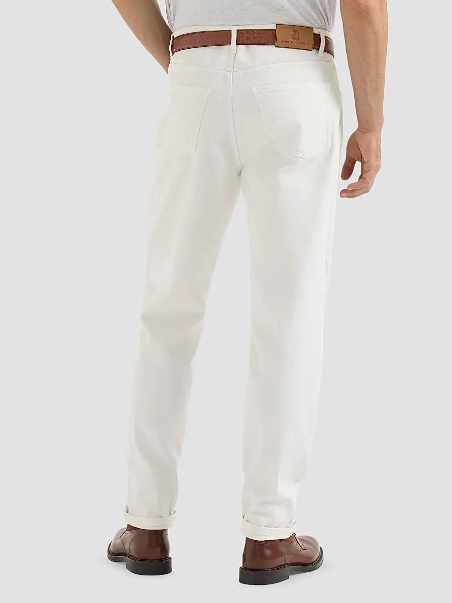 Brunello Cucinelli Men's Garment-Dyed Traditional Fit Five-Pocket Jeans in Lightweight Denim - White | Thumbnail 4 Brunello Cucinelli Men's Garment-Dyed Traditional Fit Five-Pocket Jeans in Lightweight Denim - White | Thumbnail 4