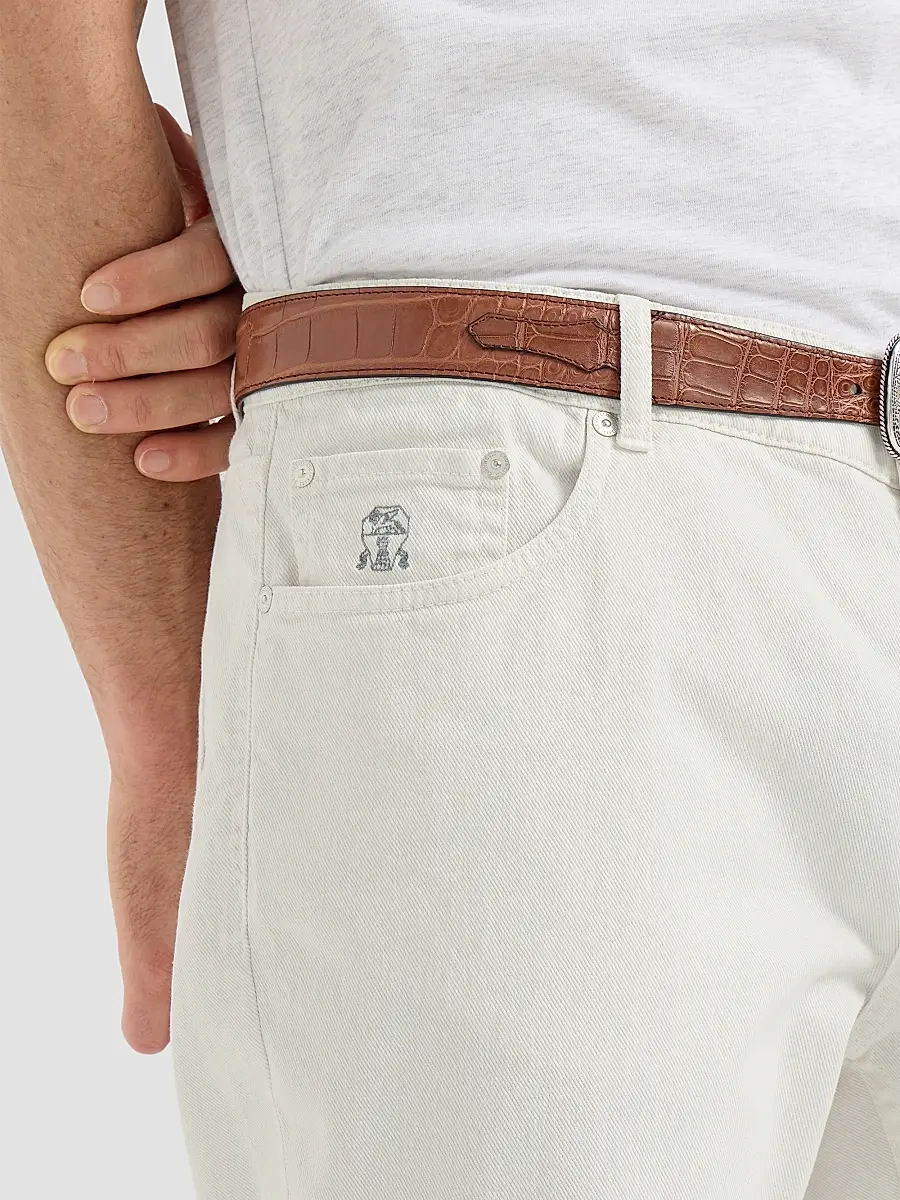 Brunello Cucinelli Men's Garment-Dyed Traditional Fit Five-Pocket Jeans in Lightweight Denim - White | Thumbnail 6 Brunello Cucinelli Men's Garment-Dyed Traditional Fit Five-Pocket Jeans in Lightweight Denim - White | Thumbnail 6