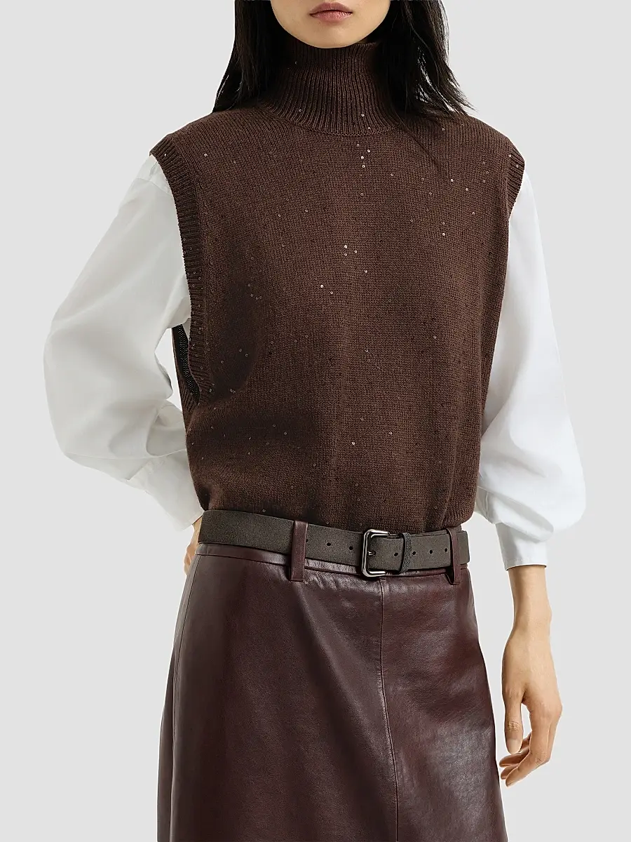 Brunello Cucinelli Women's Cashmere and Silk Diamond Yarn Turtleneck Sweater Vest | Thumbnail 3 Brunello Cucinelli Women's Cashmere and Silk Diamond Yarn Turtleneck Sweater Vest | Thumbnail 3
