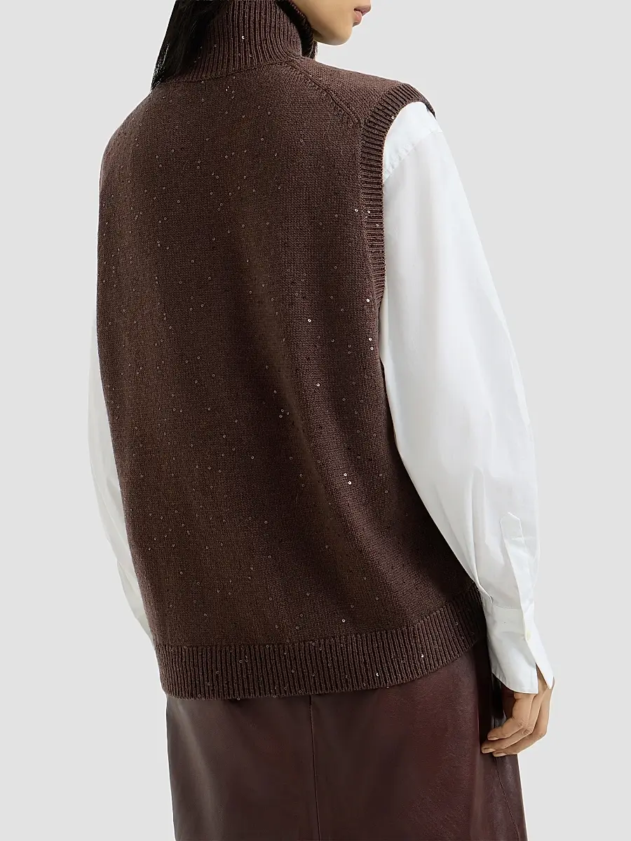Brunello Cucinelli Women's Cashmere and Silk Diamond Yarn Turtleneck Sweater Vest | Thumbnail 4 Brunello Cucinelli Women's Cashmere and Silk Diamond Yarn Turtleneck Sweater Vest | Thumbnail 4
