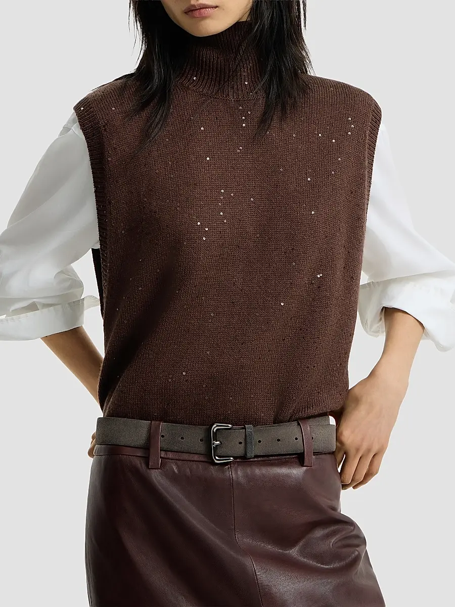 Brunello Cucinelli Women's Cashmere and Silk Diamond Yarn Turtleneck Sweater Vest | Thumbnail 5 Brunello Cucinelli Women's Cashmere and Silk Diamond Yarn Turtleneck Sweater Vest | Thumbnail 5