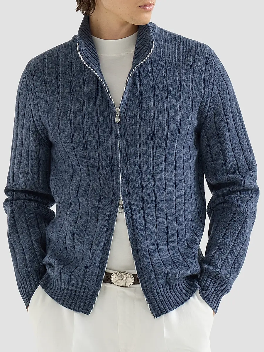 Brunello Cucinelli Men's Cashmere Ribbed Cardigan with Zip - Denim | Thumbnail 2