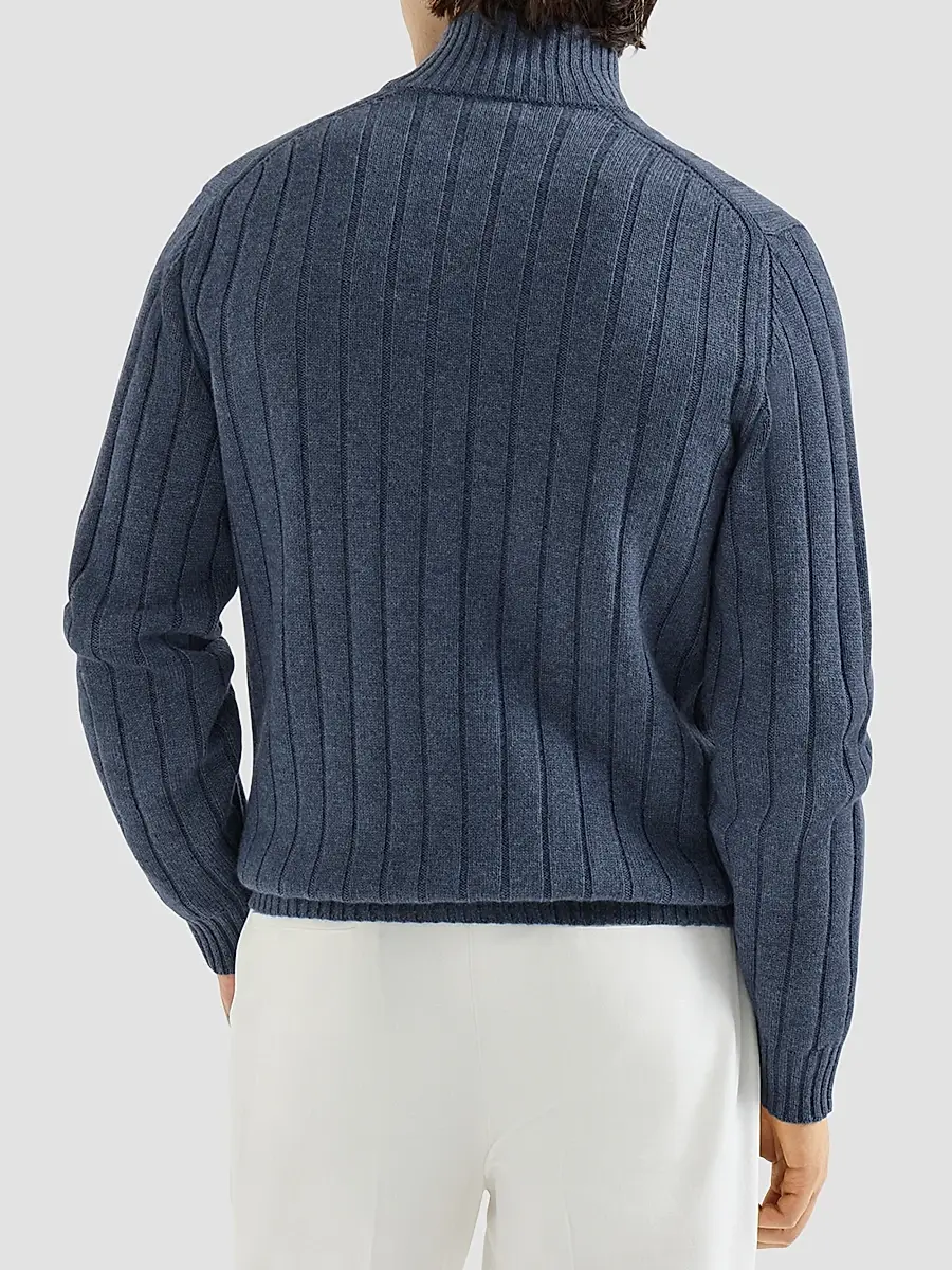 Brunello Cucinelli Men's Cashmere Ribbed Cardigan with Zip - Denim | Thumbnail 3