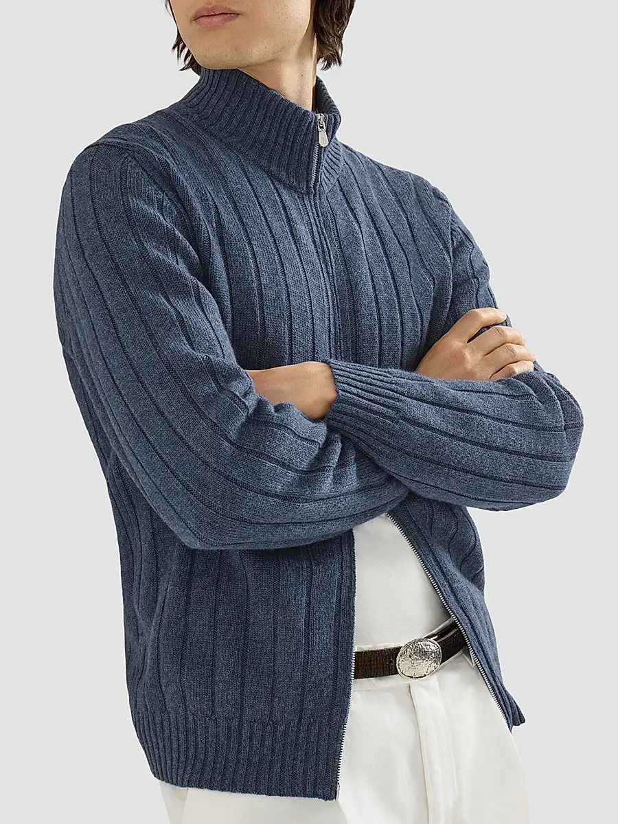 Brunello Cucinelli Men's Cashmere Ribbed Cardigan with Zip - Denim | Thumbnail 4
