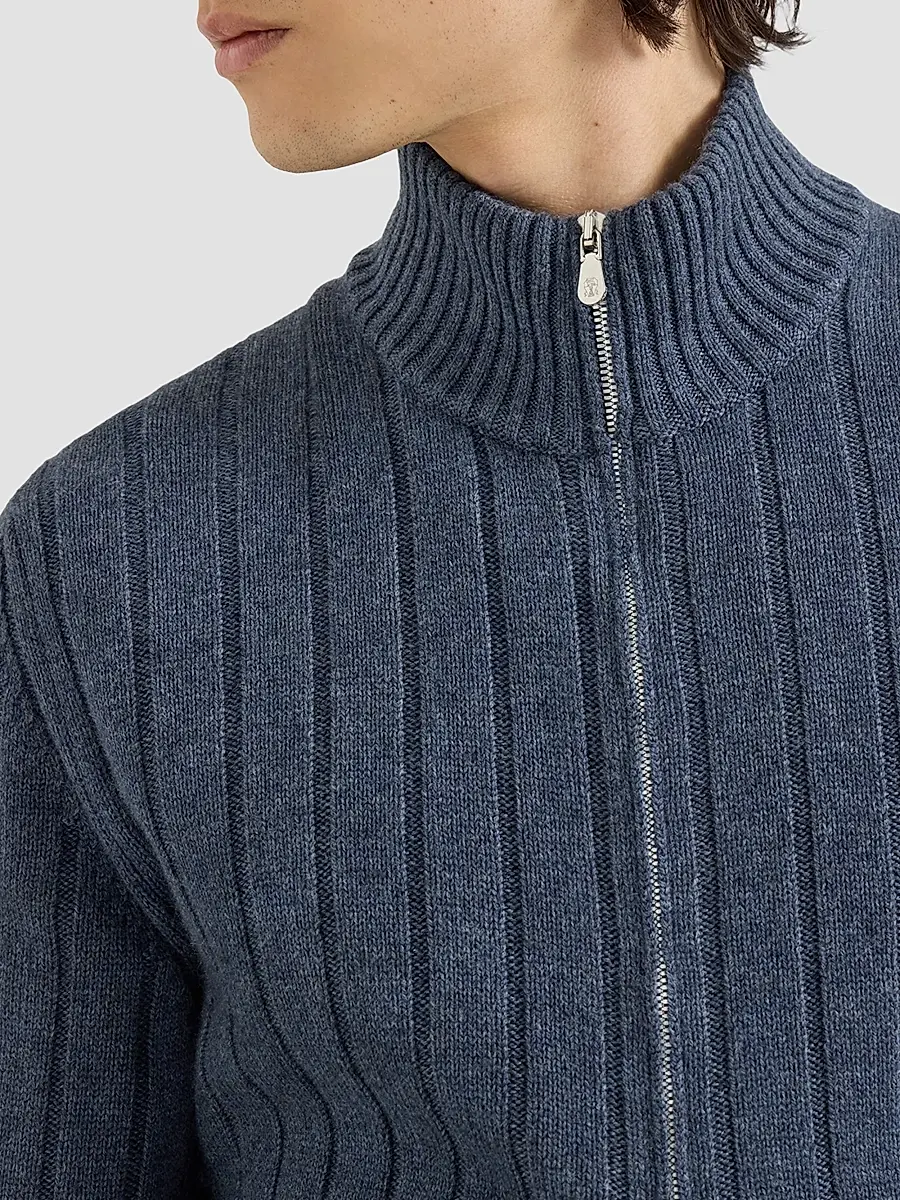 Brunello Cucinelli Men's Cashmere Ribbed Cardigan with Zip - Denim | Thumbnail 5