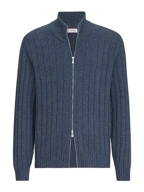 Men's Cashmere Ribbed Cardigan with Zip - Denim