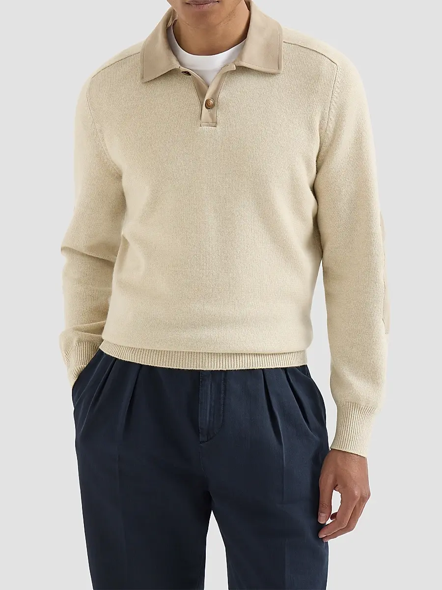 Brunello Cucinelli Men's Cashmere Knit Polo with Suede Collar - Sand | Thumbnail 2 Brunello Cucinelli Men's Cashmere Knit Polo with Suede Collar - Sand | Thumbnail 2