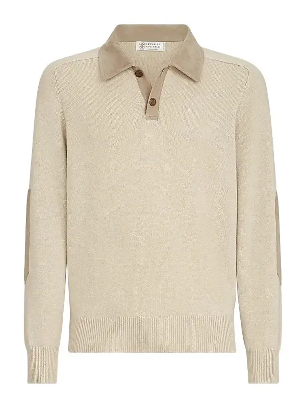 Brunello Cucinelli Men's Cashmere Knit Polo with Suede Collar - Sand