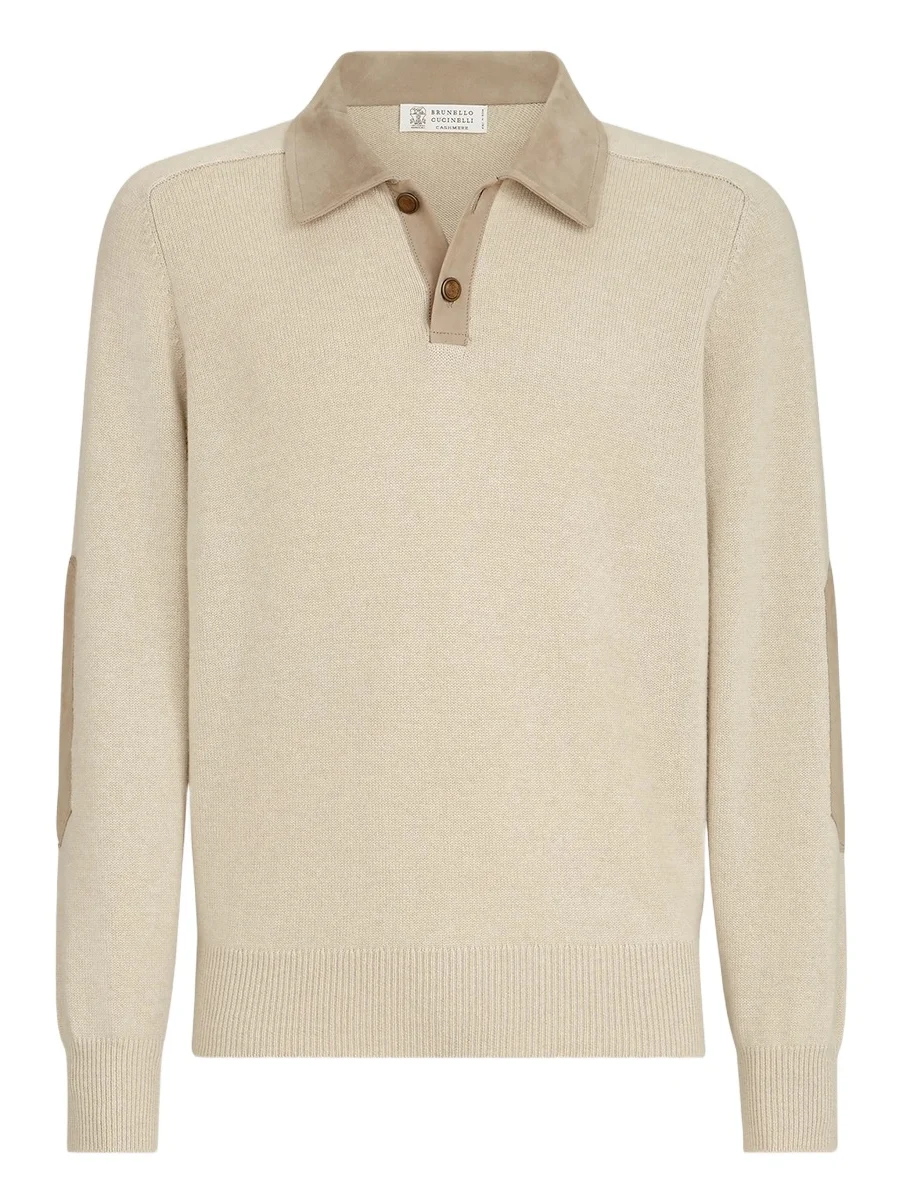 Men's Cashmere Knit Polo with Suede Collar - Sand