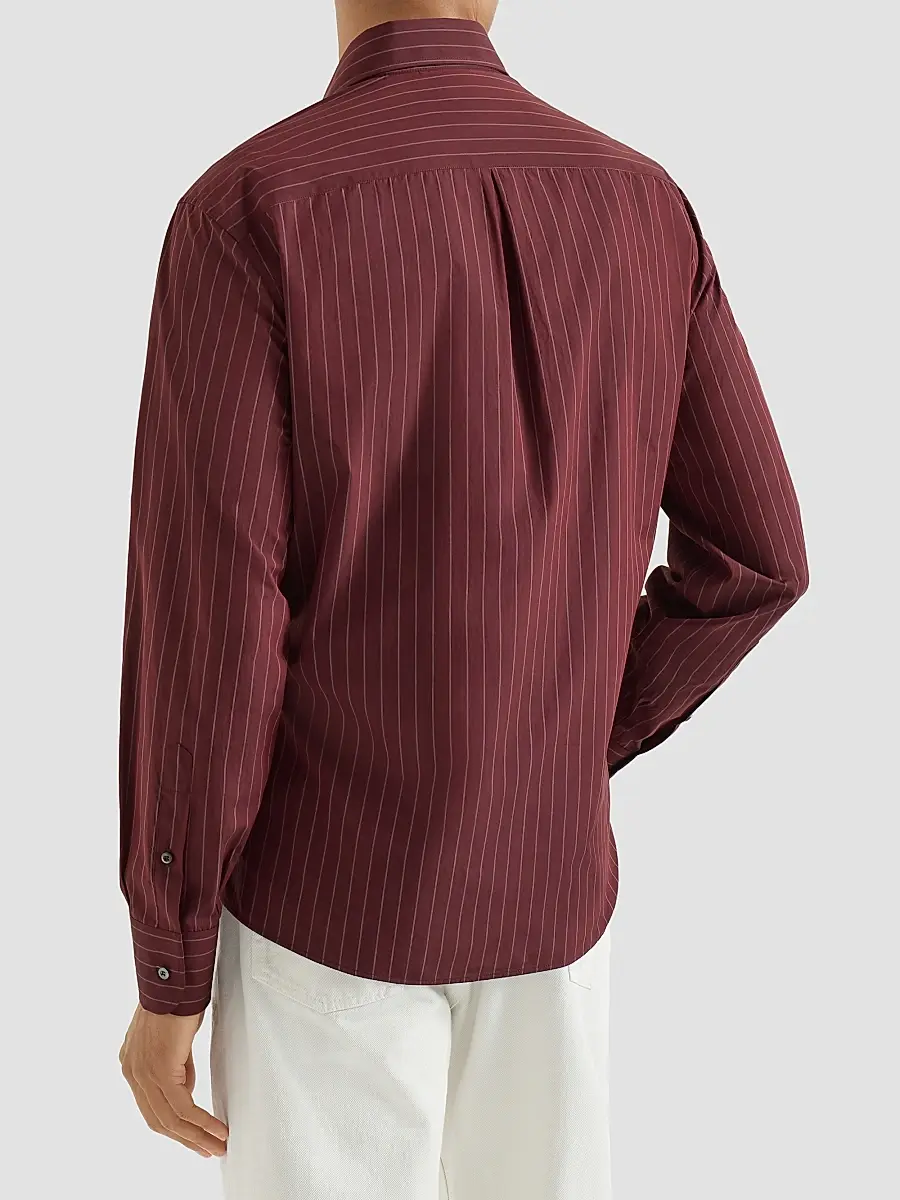 Brunello Cucinelli Men's Double Pinstripe Cotton Overshirt with Italian Collar - Burgundy | Thumbnail 4 Brunello Cucinelli Men's Double Pinstripe Cotton Overshirt with Italian Collar - Burgundy | Thumbnail 4