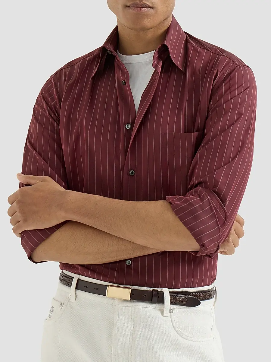 Brunello Cucinelli Men's Double Pinstripe Cotton Overshirt with Italian Collar - Burgundy | Thumbnail 5 Brunello Cucinelli Men's Double Pinstripe Cotton Overshirt with Italian Collar - Burgundy | Thumbnail 5