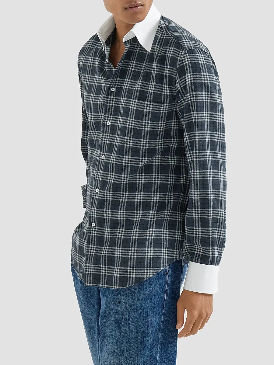 Brunello Cucinelli Men's Cotton and Lyocell Tartan Flannel Shirt with Contrast Italian Collar | Thumbnail 3 Brunello Cucinelli Men's Cotton and Lyocell Tartan Flannel Shirt with Contrast Italian Collar | Thumbnail 3