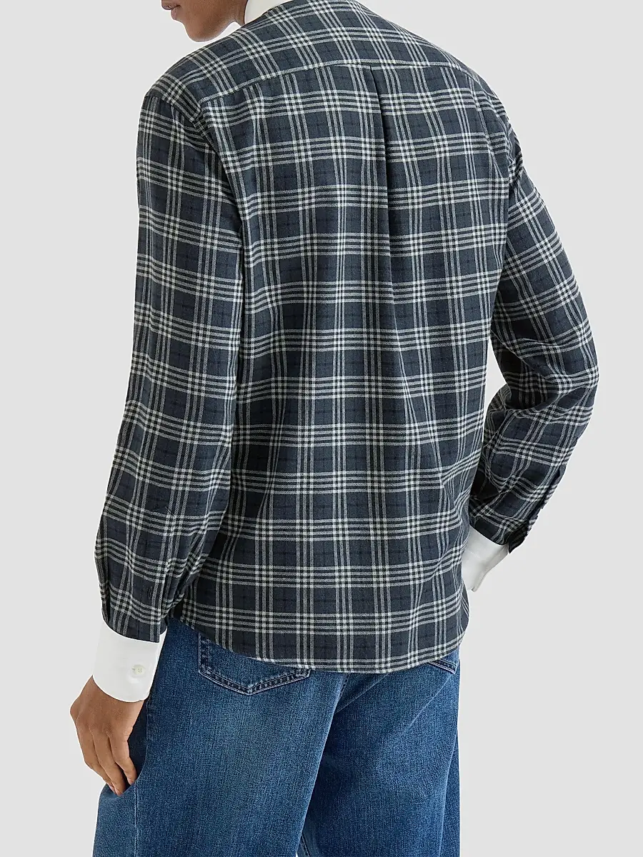 Brunello Cucinelli Men's Cotton and Lyocell Tartan Flannel Shirt with Contrast Italian Collar | Thumbnail 4 Brunello Cucinelli Men's Cotton and Lyocell Tartan Flannel Shirt with Contrast Italian Collar | Thumbnail 4